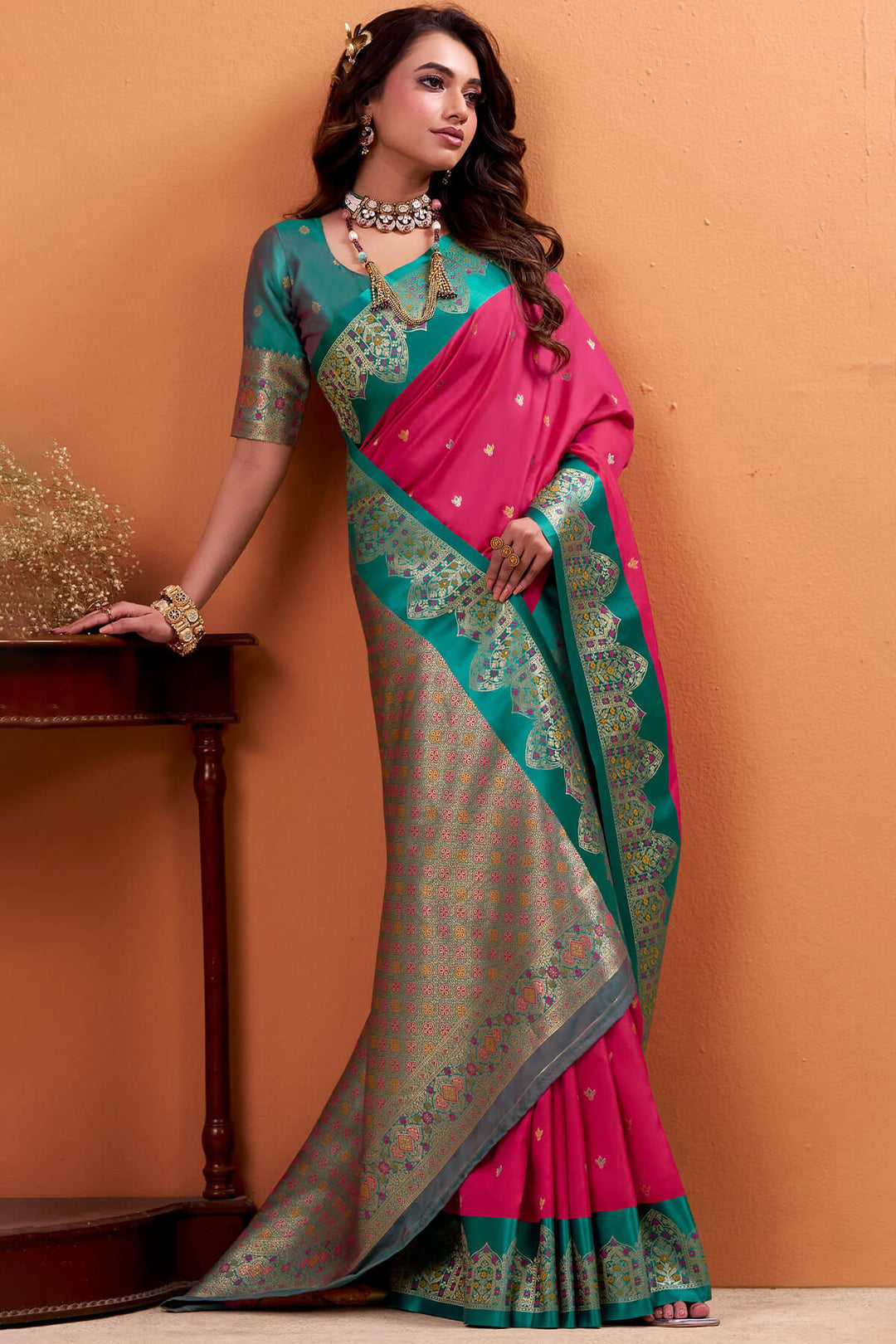 Deep Rose Pink Zari Woven Satin Silk Saree