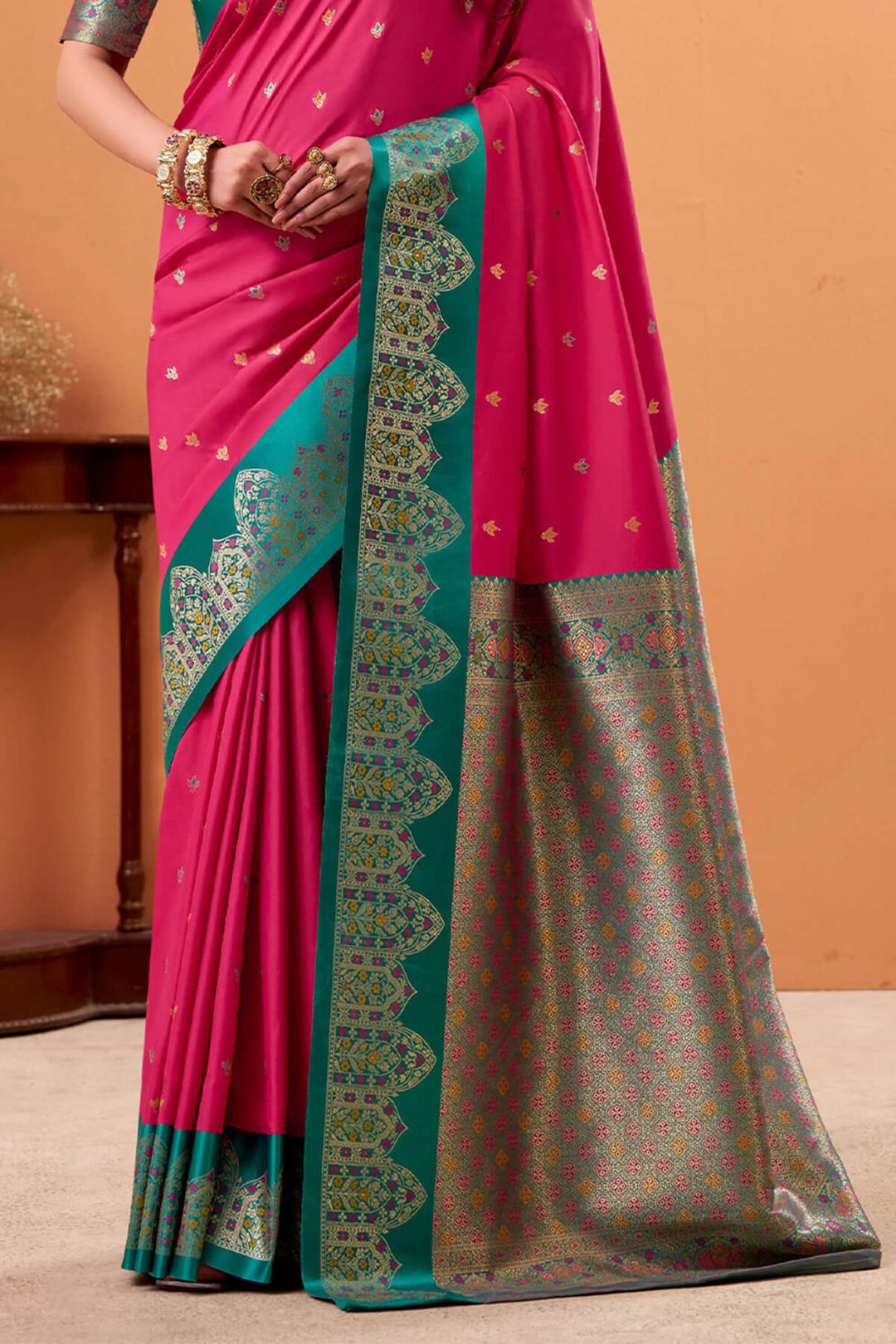 Deep Rose Pink Zari Woven Satin Silk Saree