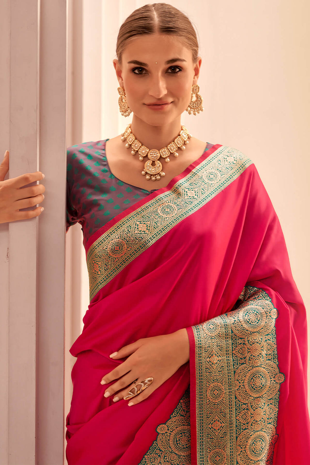Dogwood Rose Pink Zari Woven Soft Banarasi Silk Saree