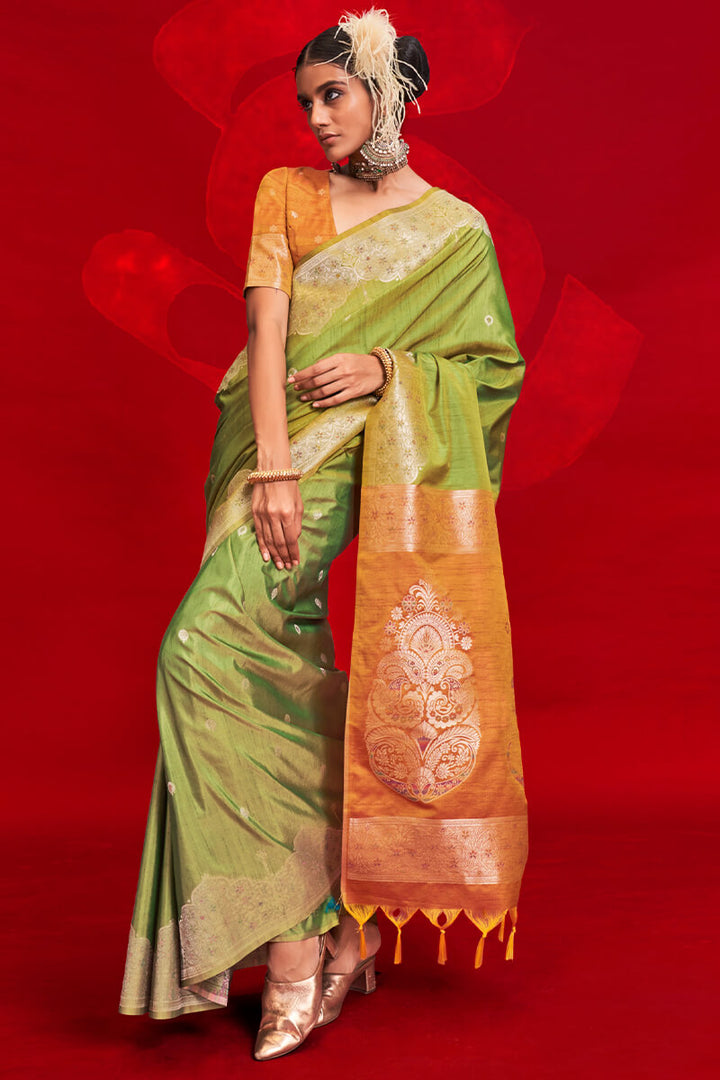 Drab Green Banarasi Tussar Silk Saree
