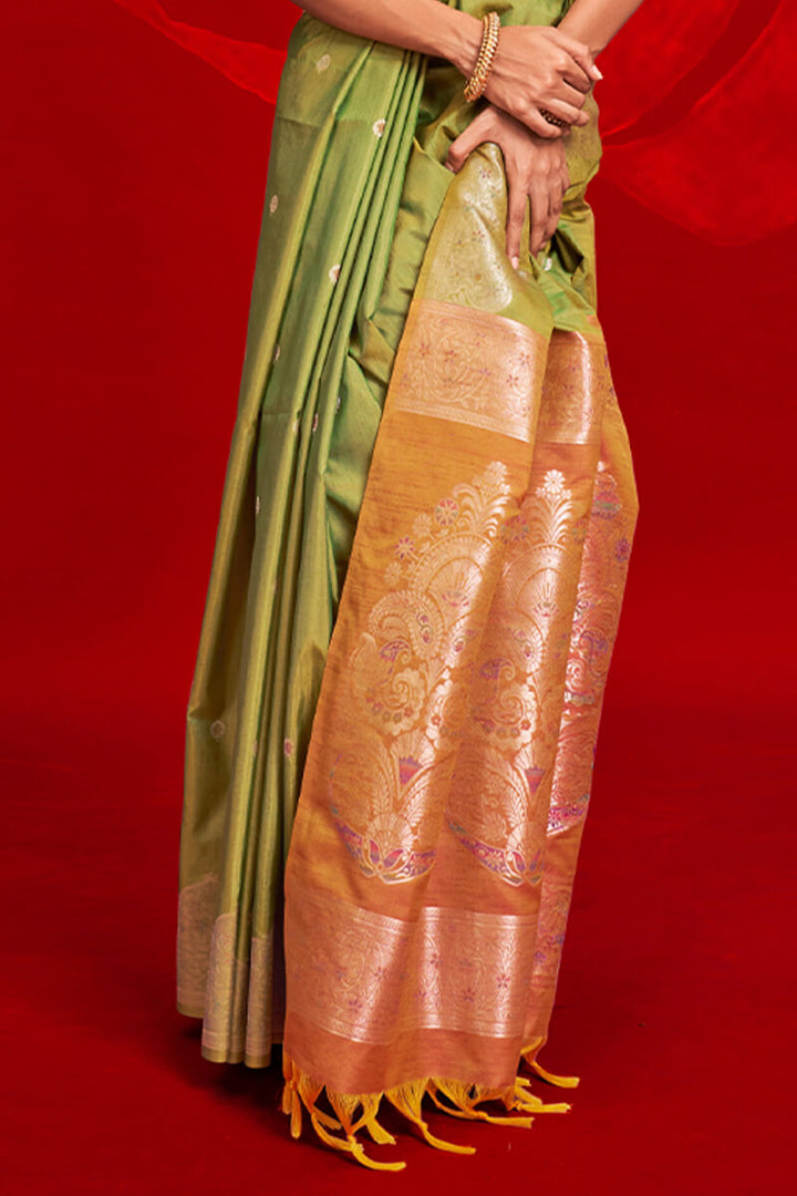 Drab Green Banarasi Tussar Silk Saree