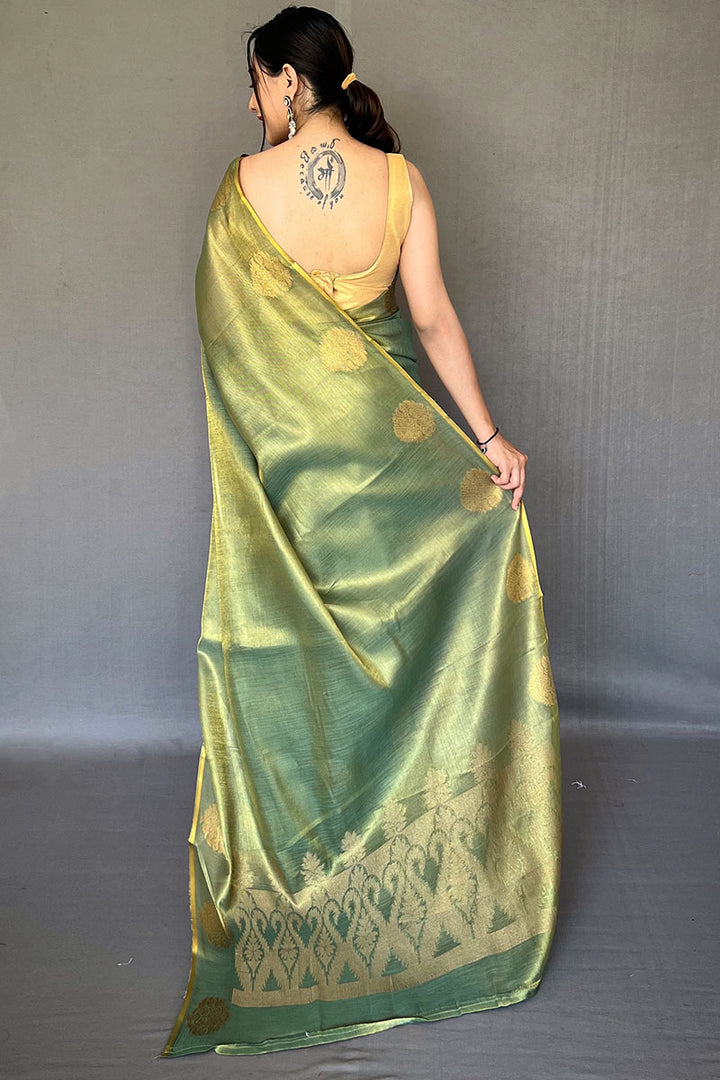 Drab Green Zari Woven Tissue silk Saree