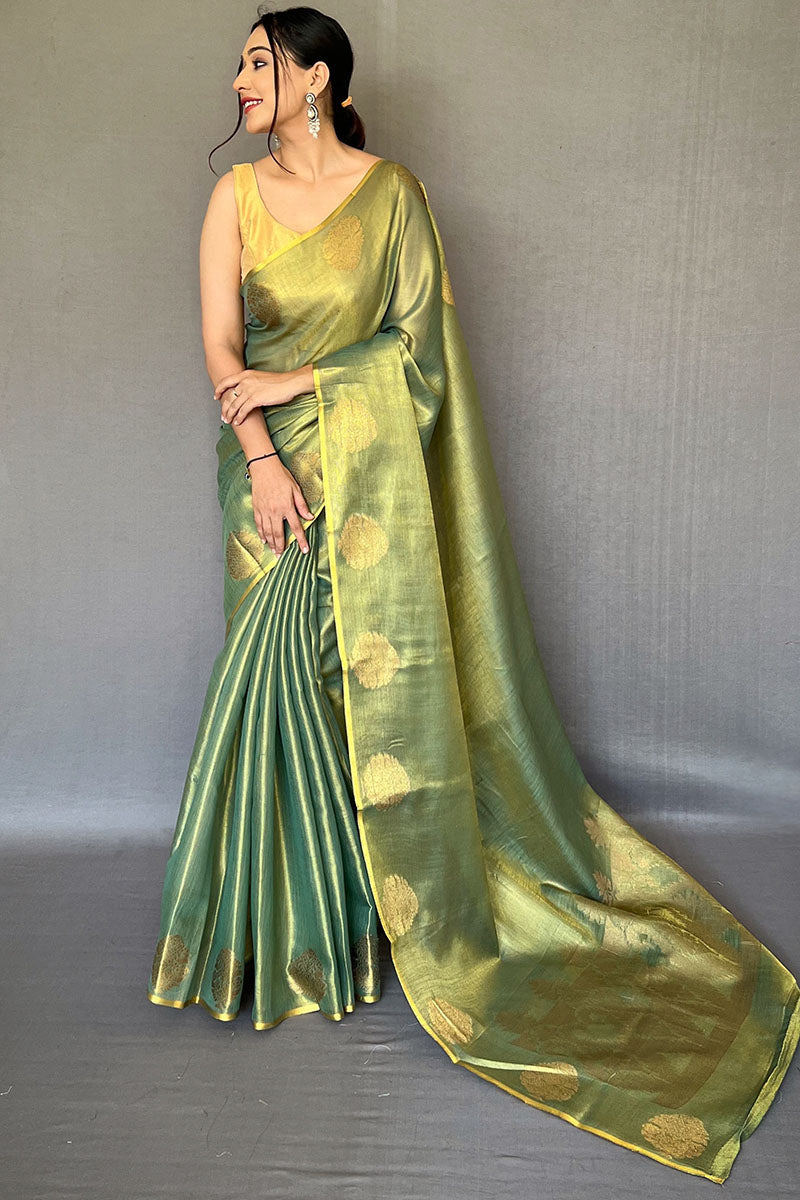 Drab Green Zari Woven Tissue silk Saree