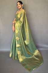 Drab Green Zari Woven Tissue silk Saree