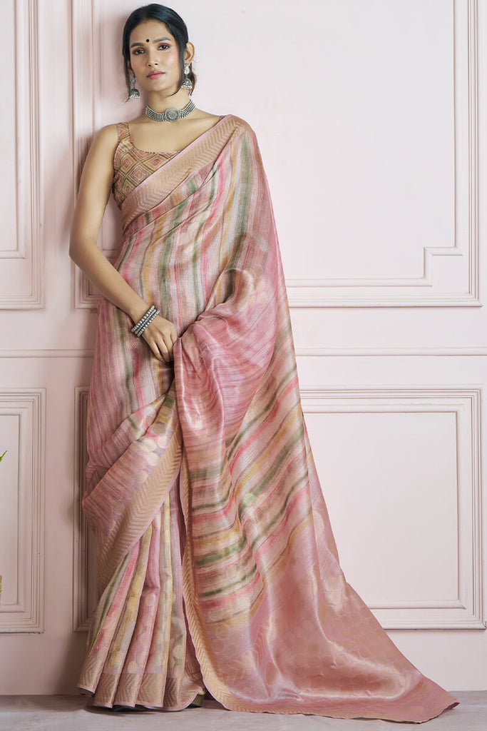 Dull Pink Digital Printed Khadi Silk Saree