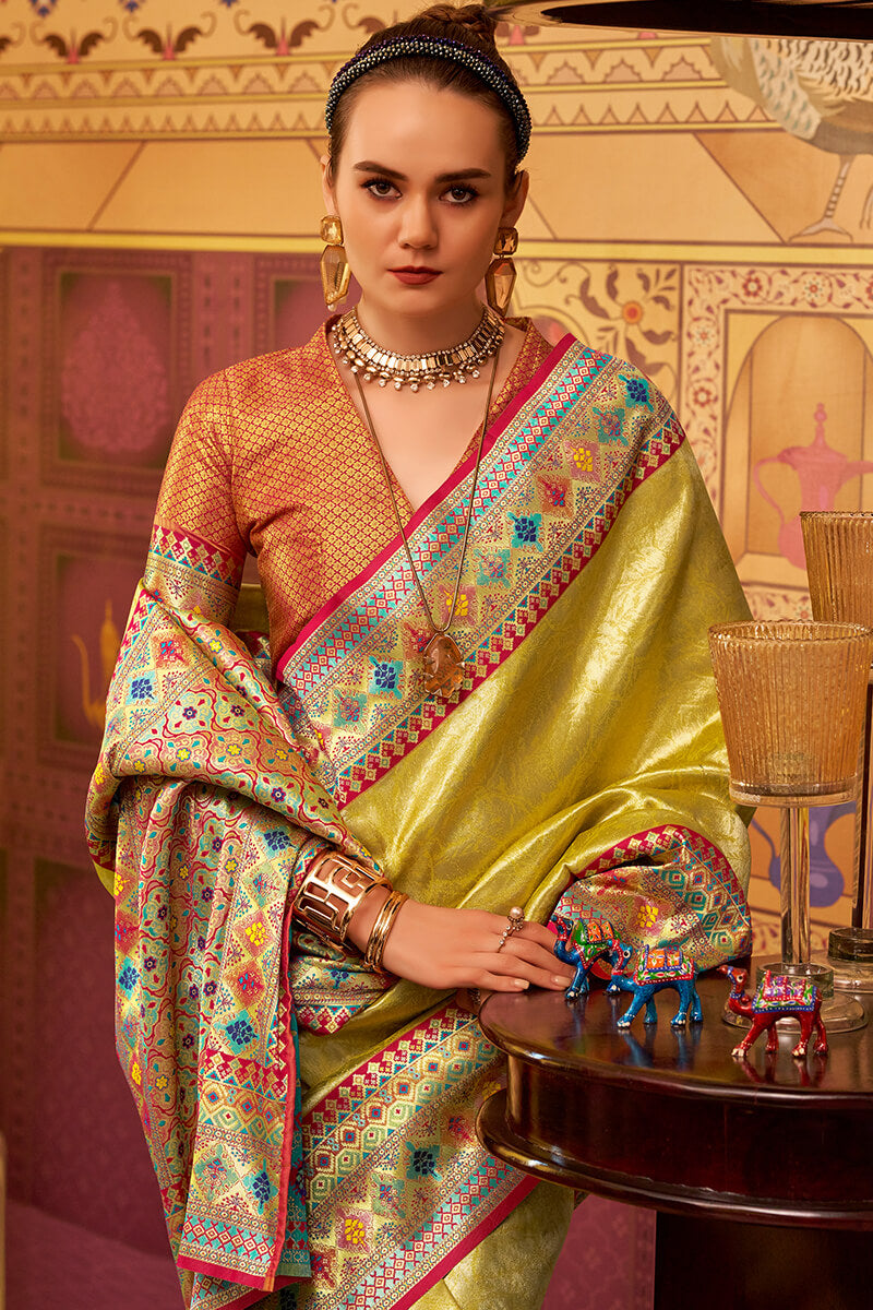 Dull Yellow Zari Woven Tissue Silk Saree