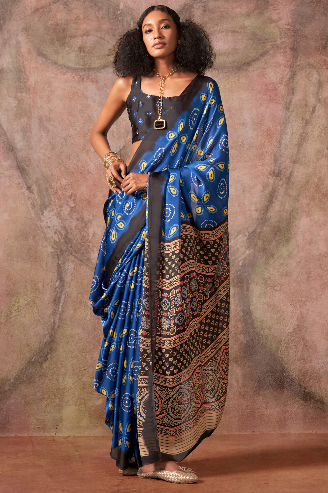 Dusk Blue Ajarkh Printed Satin Georgette Silk Saree
