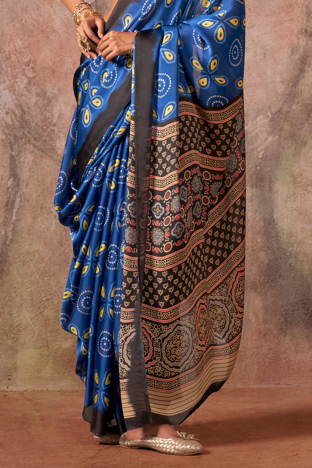 Dusk Blue Ajarkh Printed Satin Georgette Silk Saree