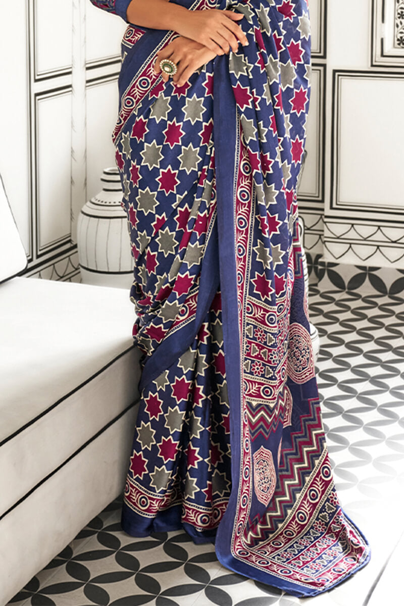 Dusky Blue Ajrakh Printed Satin Silk Saree
