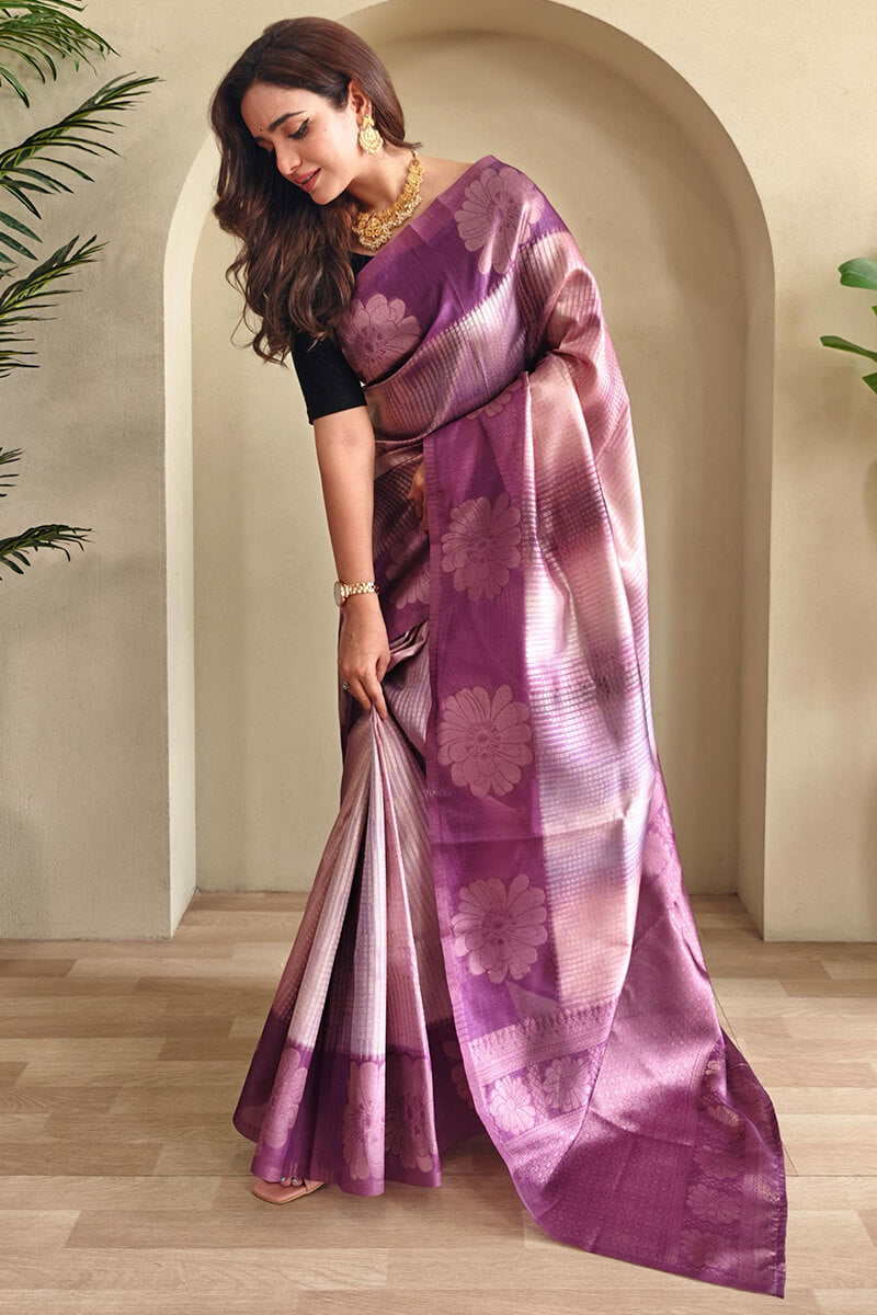 Dusky Purple Silver Zari Woven Printed Silk Saree