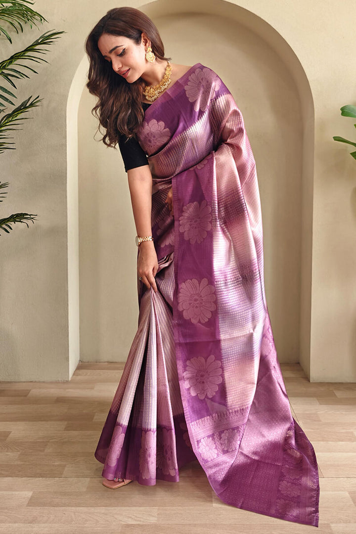 Dusky Purple Silver Zari Woven Printed Silk Saree