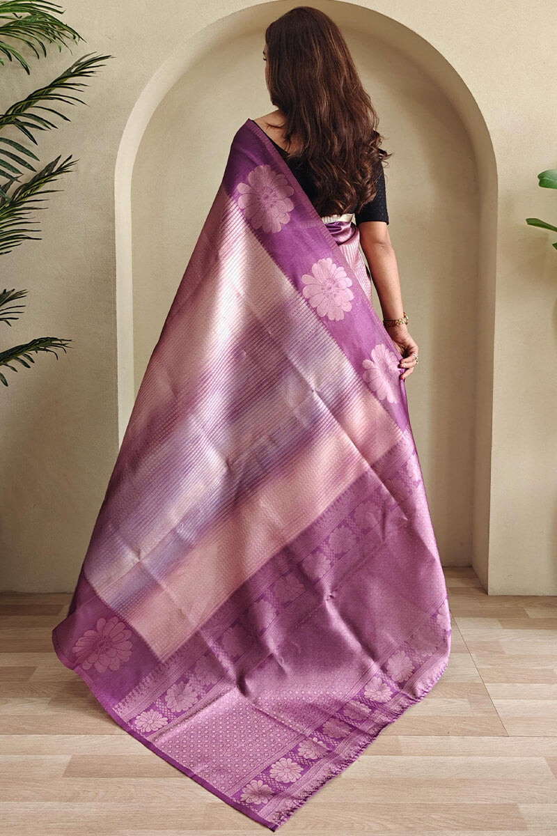 Dusky Purple Silver Zari Woven Printed Silk Saree