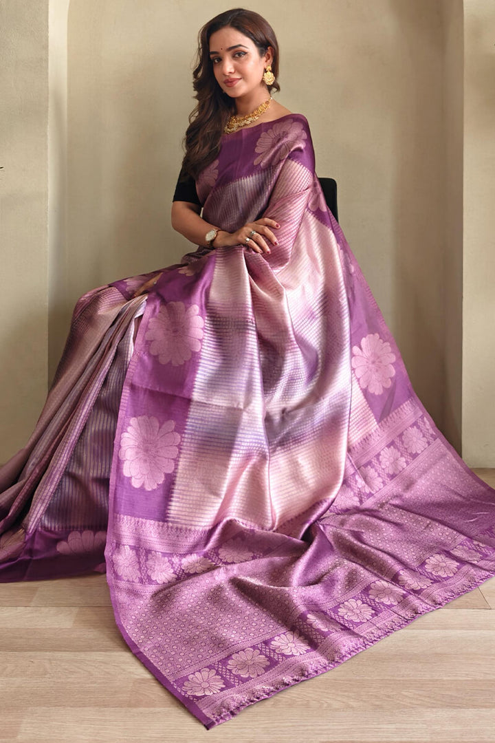 Dusky Purple Silver Zari Woven Printed Silk Saree