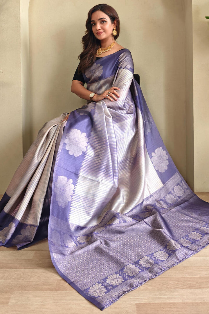 Dusty Lavender Silver Zari Woven Printed Silk Saree