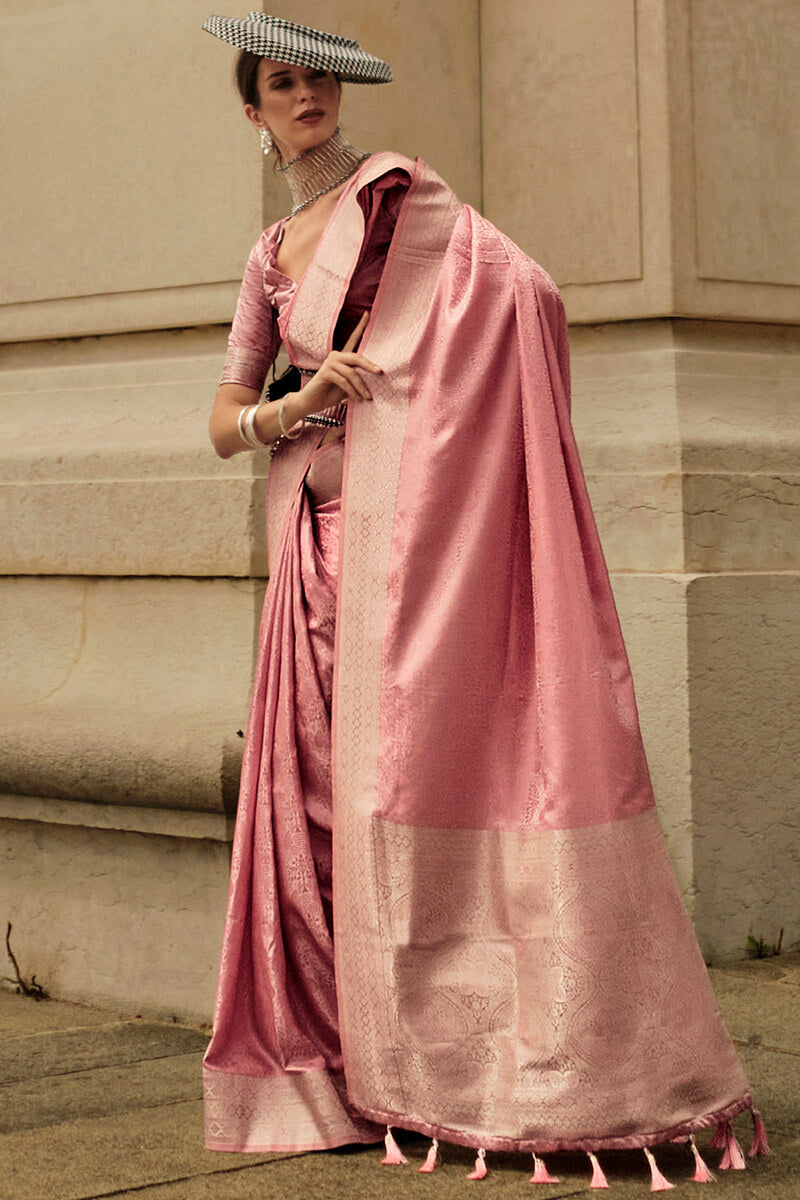 Dusty Pink Zari Woven Banarasi Satin Silk Saree
