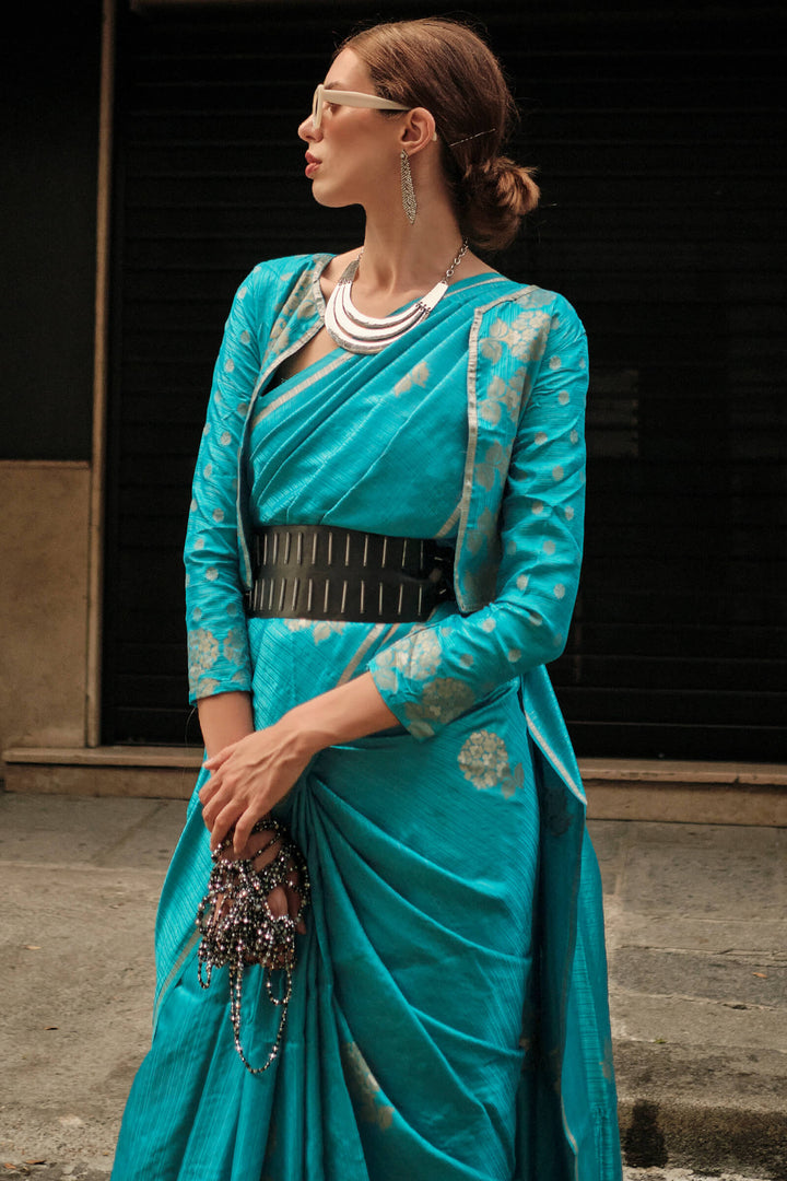 Eastern Blue Zari Line Banarasi Satin Silk Saree