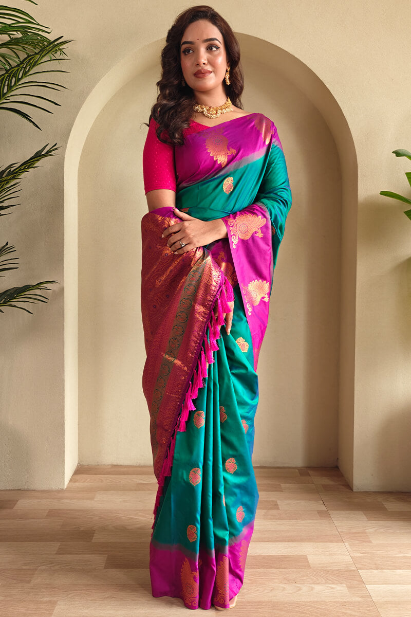 Elf Green Soft Banarasi Silk Saree With Chaap Border