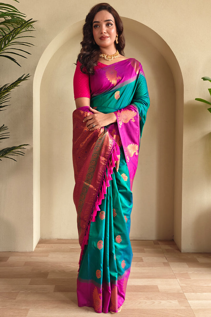 Elf Green Soft Banarasi Silk Saree With Chaap Border