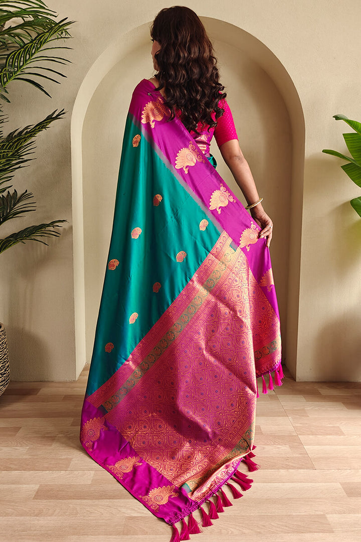 Elf Green Soft Banarasi Silk Saree With Chaap Border