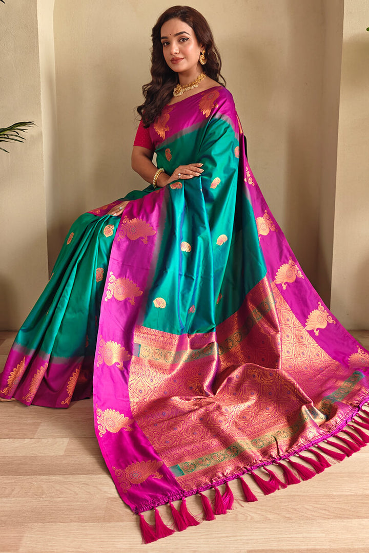 Elf Green Soft Banarasi Silk Saree With Chaap Border