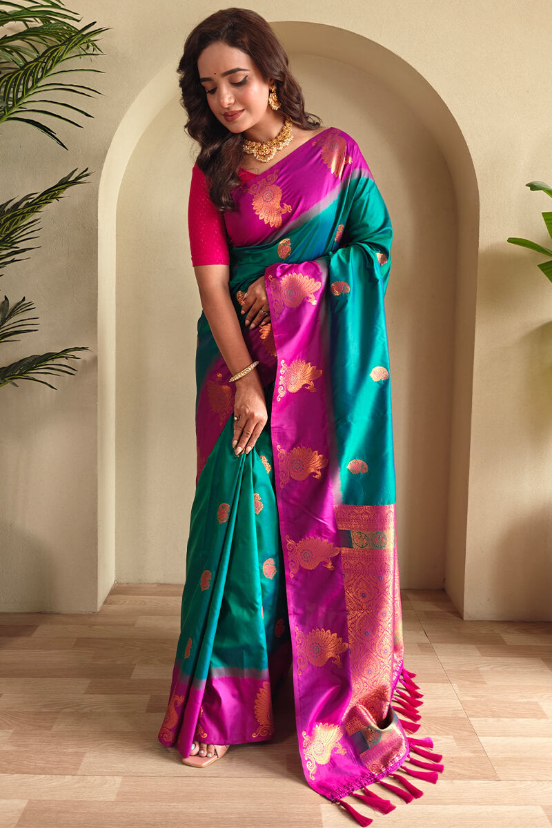 Elf Green Soft Banarasi Silk Saree With Chaap Border
