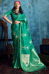 Elf Green Zari Woven Banarasi Satin silk saree