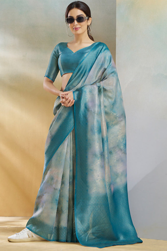 Faded Blue Digital Printed Khadi Silk Saree
