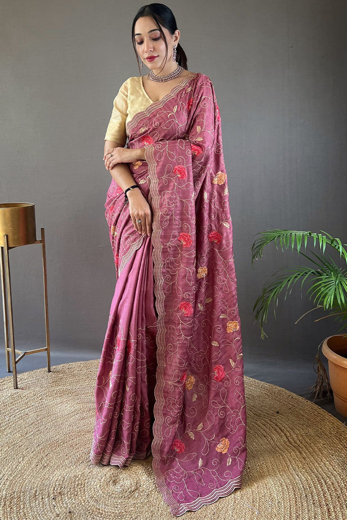 Faded Wine Embroidered Work Tussar Silk Saree