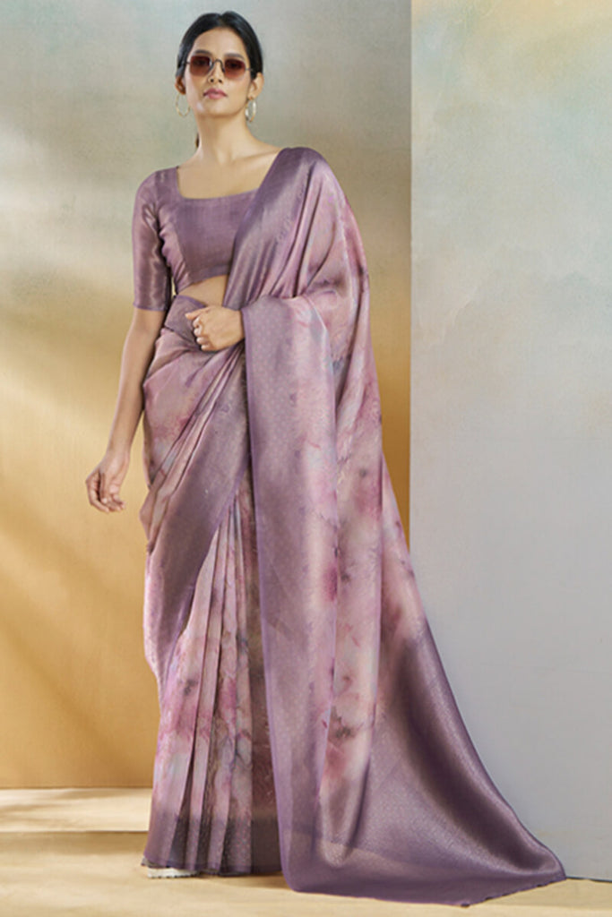 Falcon Lavender Digital Printed Khadi Silk Saree