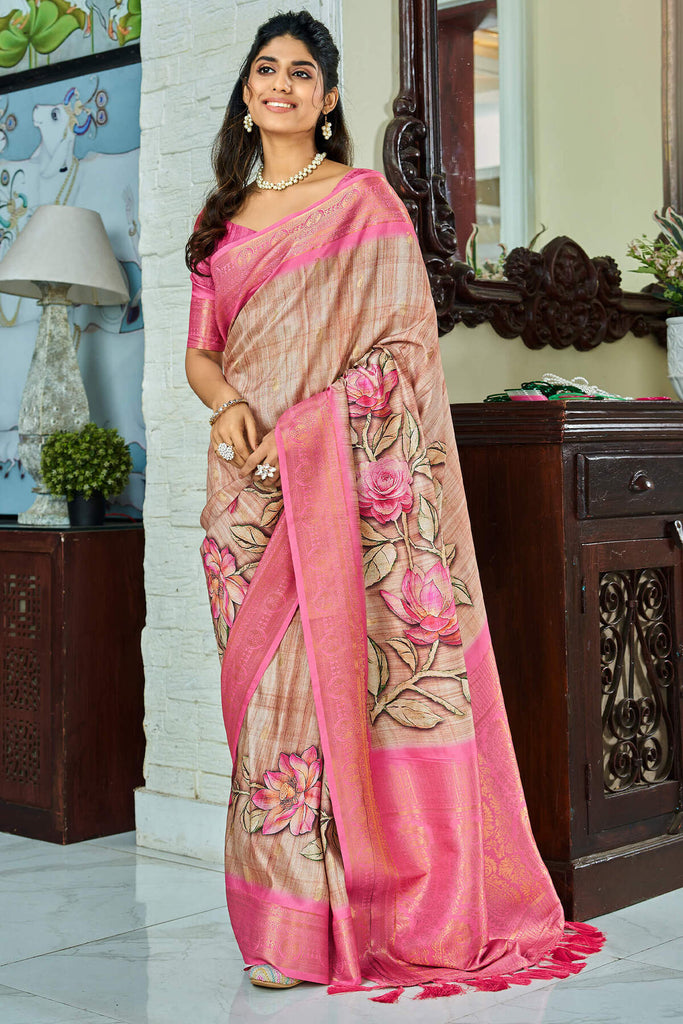 Fawn Beige Handloom Woven Digital Printed Soft Silk Saree