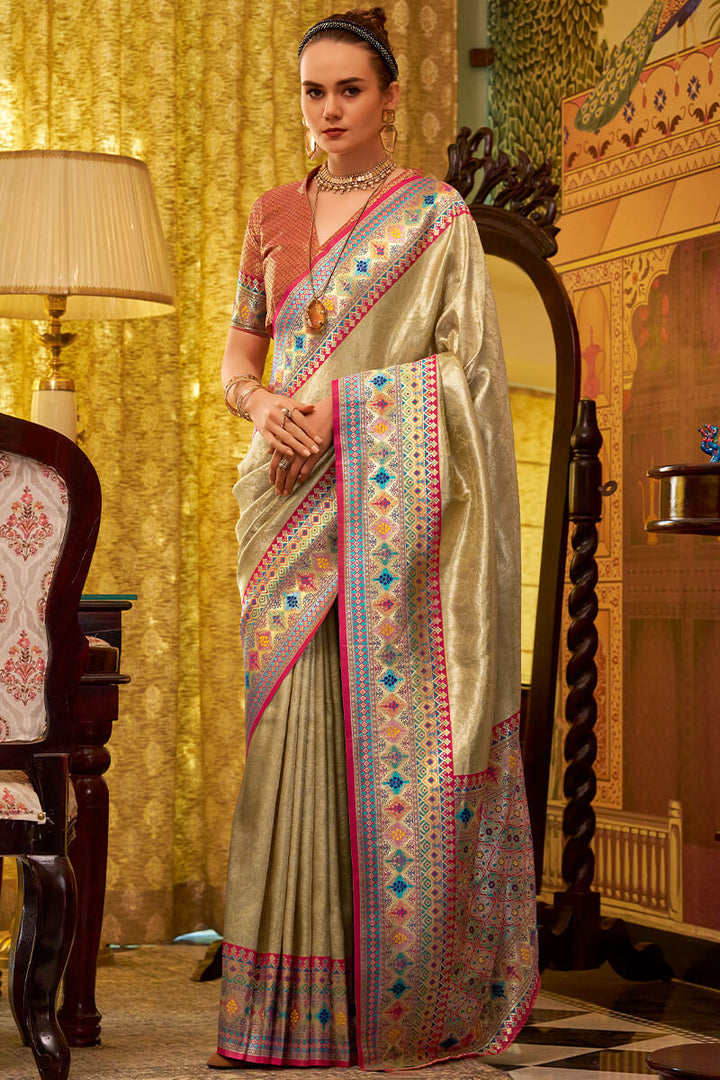 Fawn Beige Zari Woven Tissue Silk Saree