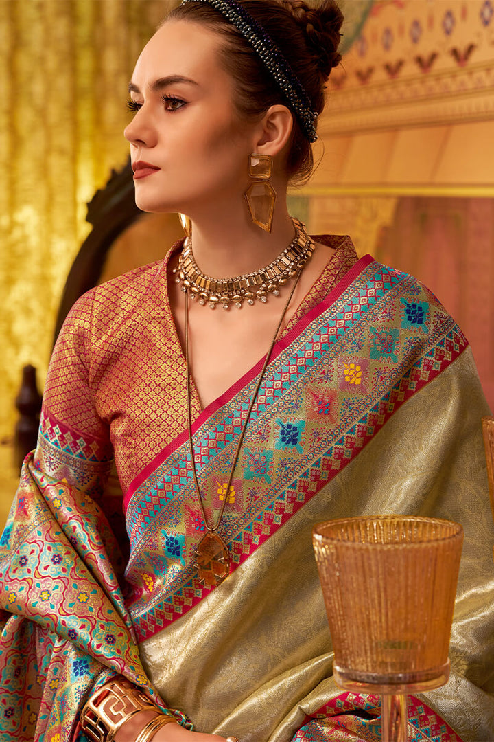 Fawn Beige Zari Woven Tissue Silk Saree