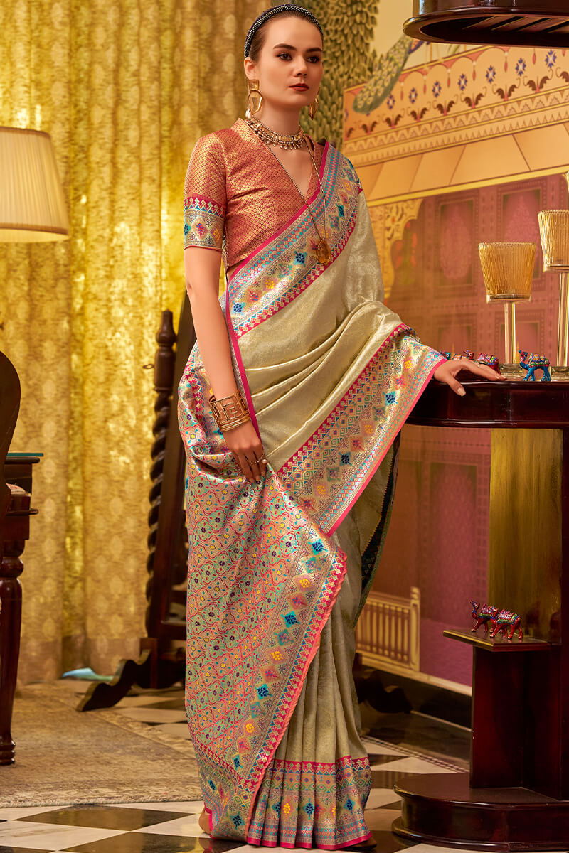 Fawn Beige Zari Woven Tissue Silk Saree