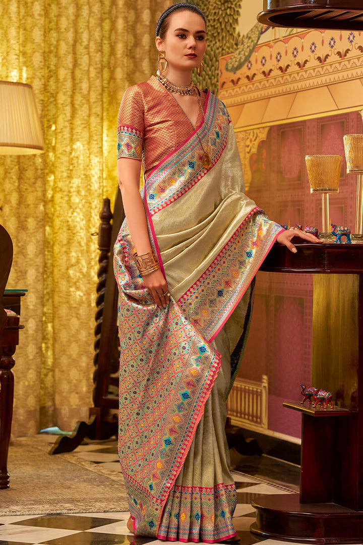 Fawn Beige Zari Woven Tissue Silk Saree