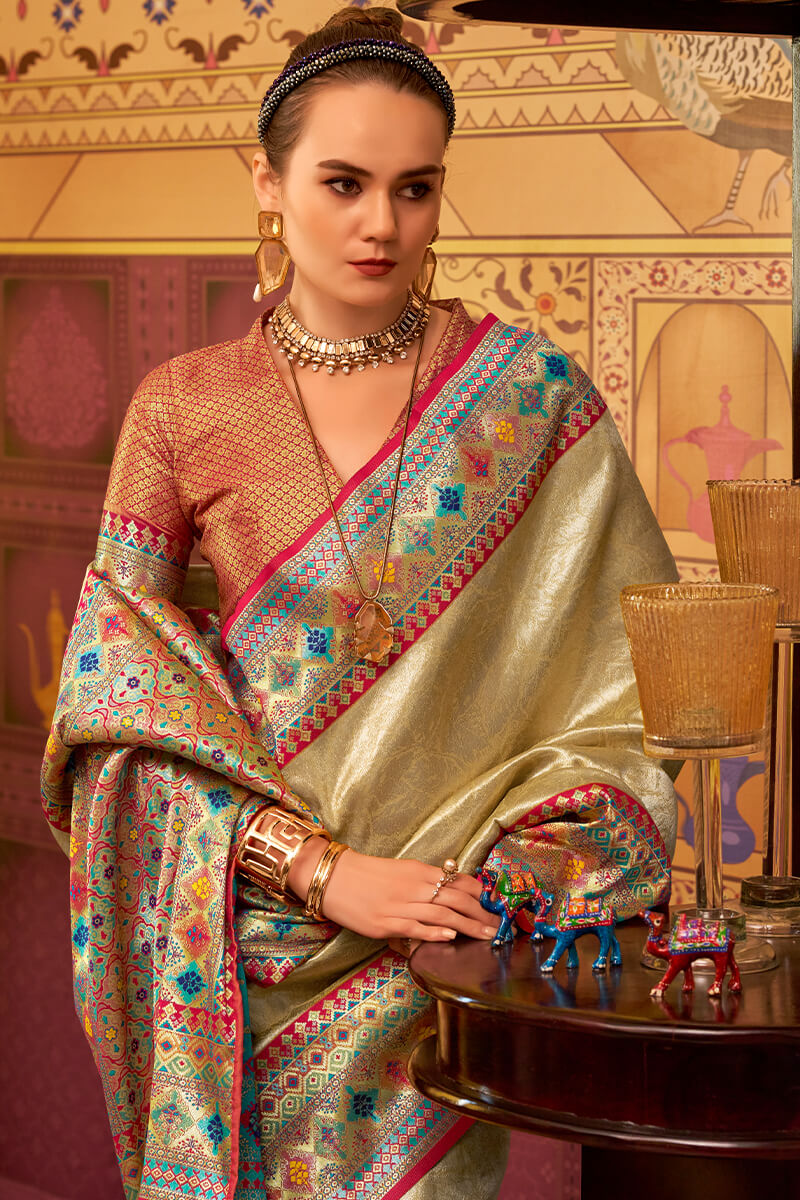 Fawn Beige Zari Woven Tissue Silk Saree