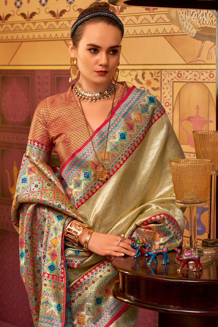 Fawn Beige Zari Woven Tissue Silk Saree