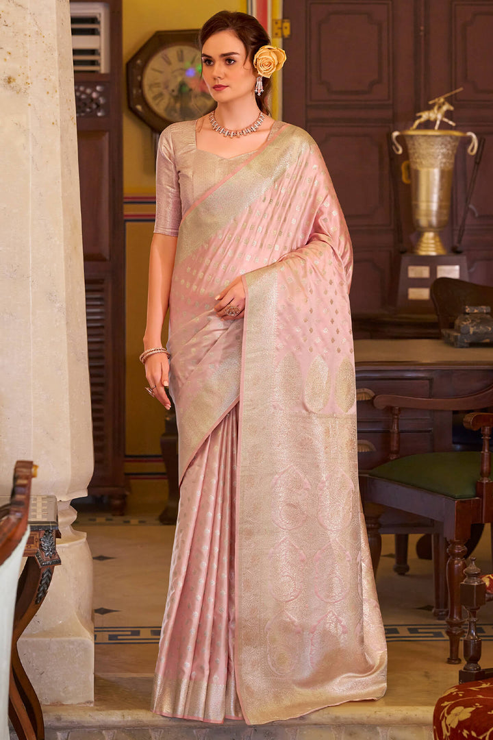 Flamingo Pink Banarasi Satin Silk Saree