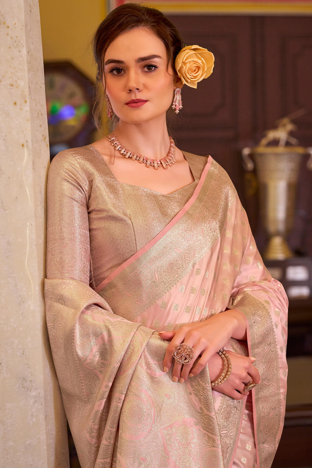 Flamingo Pink Banarasi Satin Silk Saree