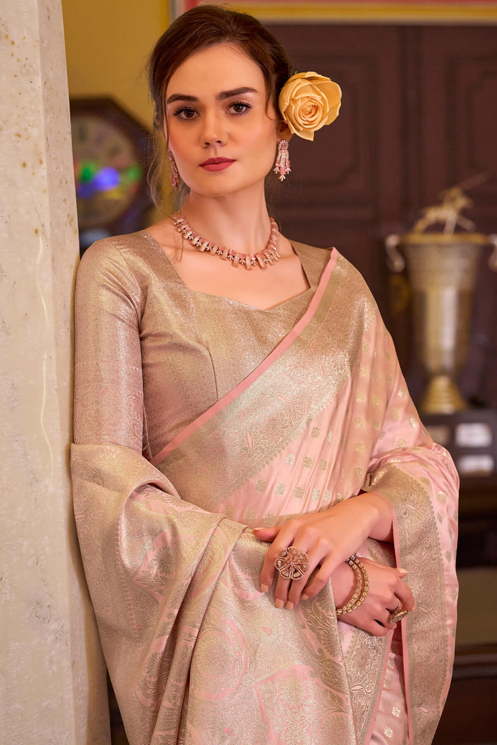 Flamingo Pink Banarasi Satin Silk Saree
