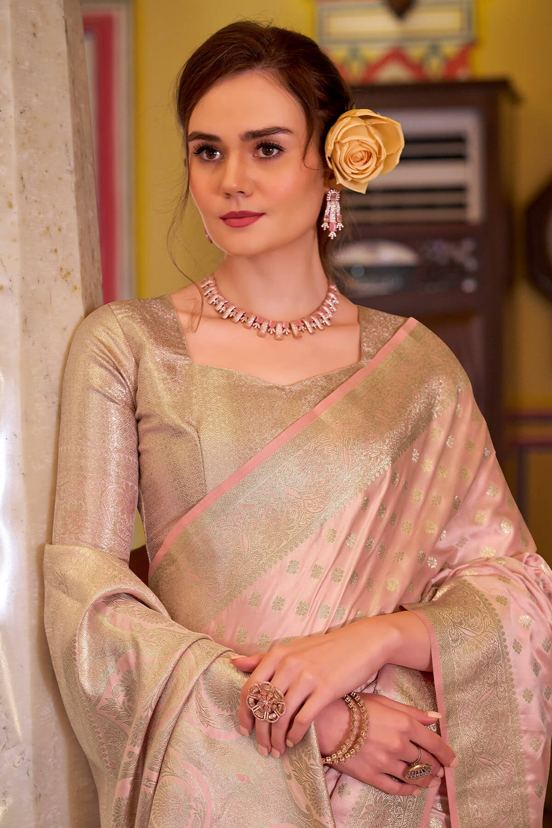 Flamingo Pink Banarasi Satin Silk Saree