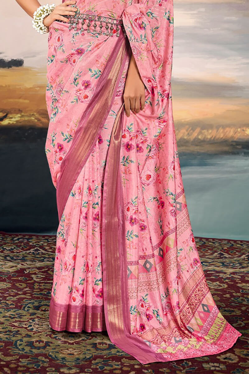 Flamingo Pink Digital Printed Cotton Saree
