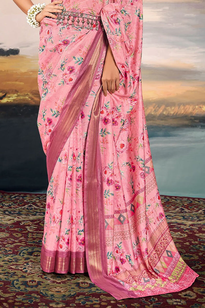 Flamingo Pink Digital Printed Cotton Saree