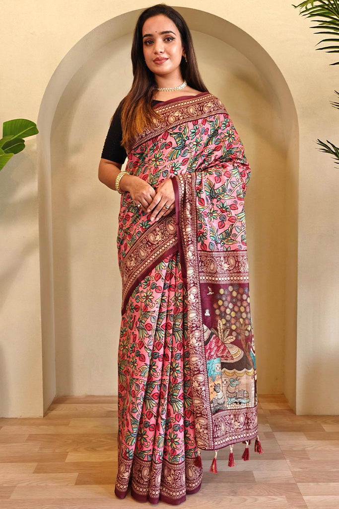 Flamingo Pink Kalamkari Printed Chanderi Cotton Saree