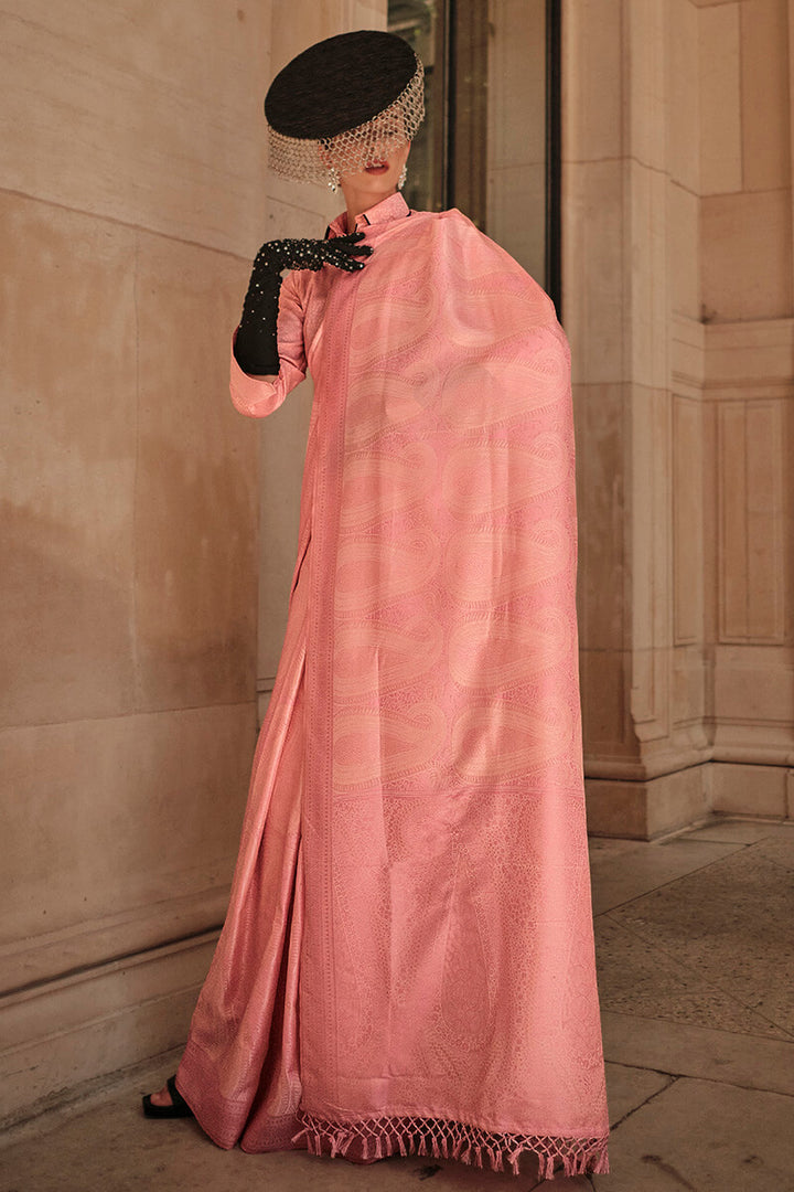 Flesh Peach Kanjivaram Satin Silk Saree