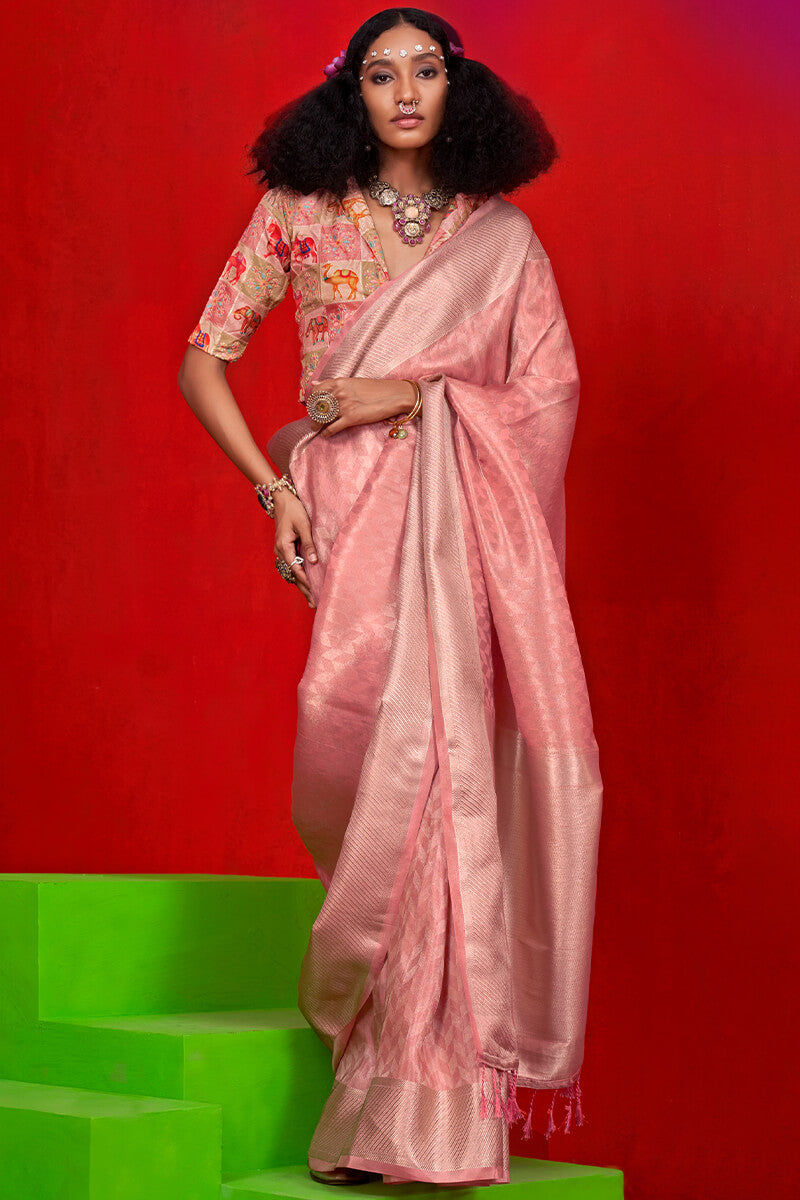 Flesh Pink Banarasi Tissue Silk Saree