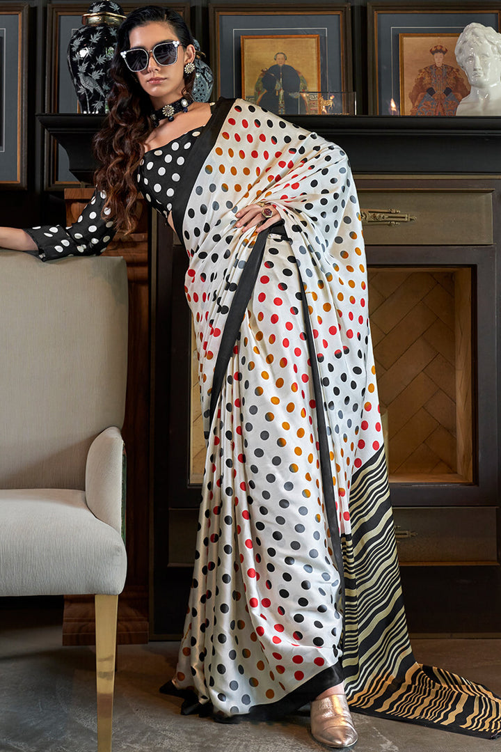 Floral White Patola Printed Satin Crepe Silk Saree