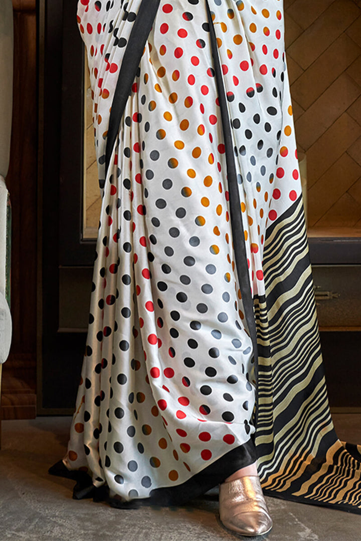 Floral White Patola Printed Satin Crepe Silk Saree