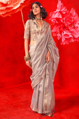Foggy Grey Zari Woven Pure Tissue Silk Saree