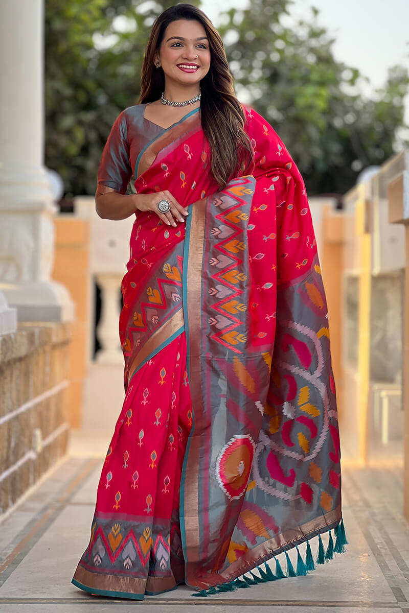 Folly Pink Ikkat Weaving Soft Silk Saree