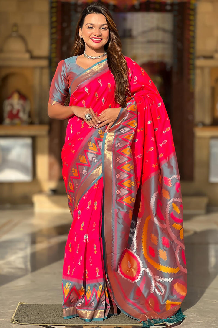 Folly Pink Ikkat Weaving Soft Silk Saree